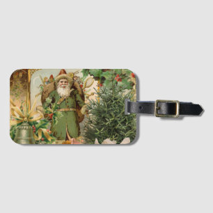 Old World Green Santa Christmas Collage Antique  Luggage Tag