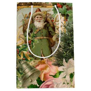 Old World Green Santa Christmas Collage Antique  Medium Gift Bag