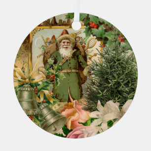Old World Green Santa Christmas Collage Antique Metal Tree Decoration