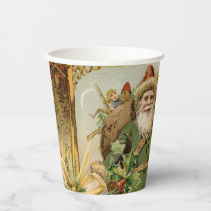 Old World Green Santa Christmas Collage Antique Paper Cups