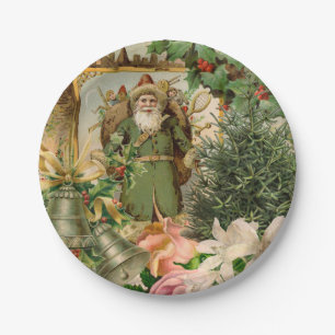 Old World Green Santa Christmas Collage Antique Paper Plate