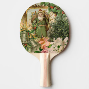 Old World Green Santa Christmas Collage Antique Ping Pong Paddle