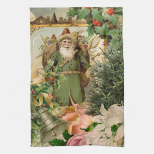 Old World Green Santa Christmas Collage Antique  Tea Towel