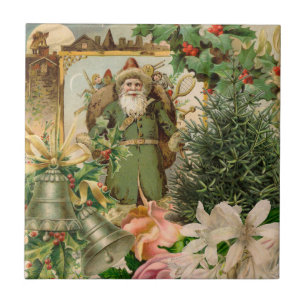 Old World Green Santa Christmas Collage Antique Tile