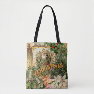 Old World Green Santa Christmas Collage Antique Tote Bag