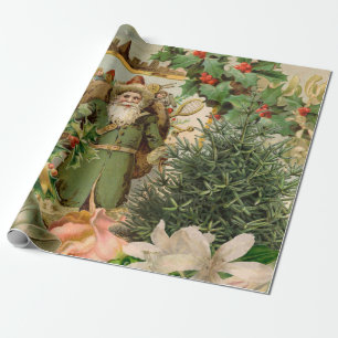 Old World Green Santa Christmas Collage Antique  Wrapping Paper