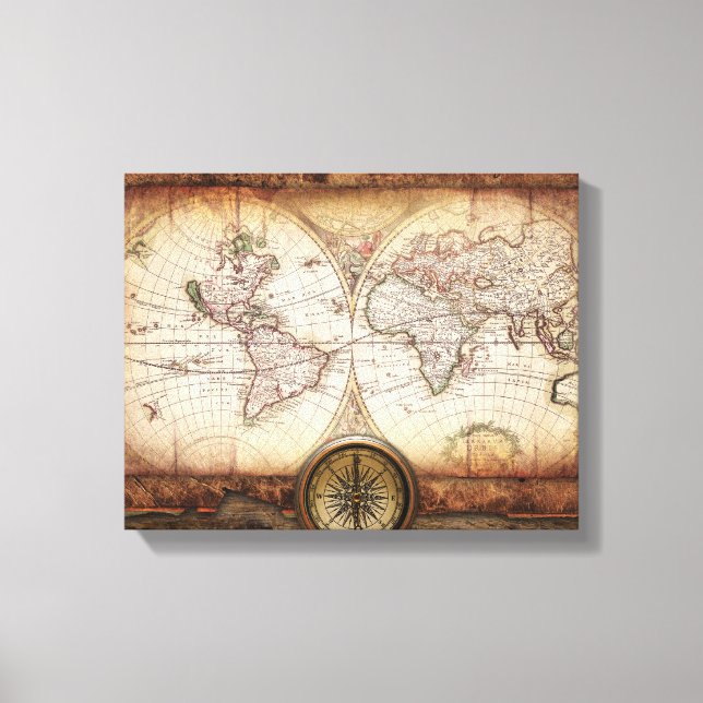 Old World Map and Compass  Wrapped Canvas (Front)