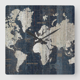 Old World Map Blue Square Wall Clock