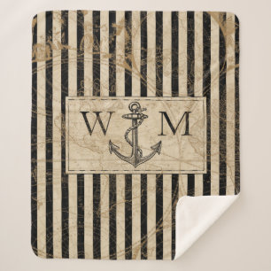 Old World Map Nautical Anchor Monogram Sherpa Blanket