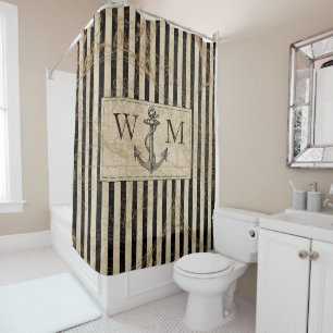 Old World Map Nautical Anchor Monogram Shower Curtain