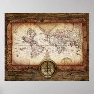 Old World Map with Compass Poster