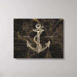Old World Nautical Anchor Add Name Black Canvas Print