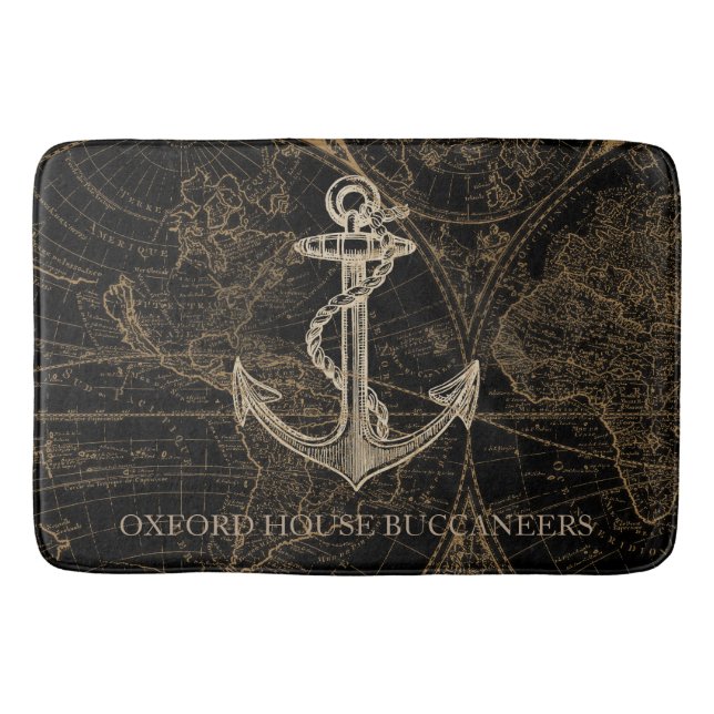 Old World Nautical Anchor Monogram Black Bath Mat (Front)