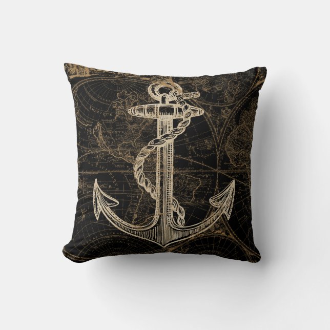 Old World Nautical Anchor Monogram Black Cushion (Front)