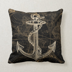 Old World Nautical Anchor Monogram Black Cushion