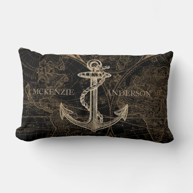 Old World Nautical Anchor Monogram Black Lumbar Cushion (Front)