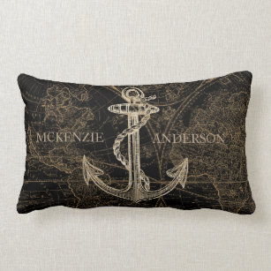 Old World Nautical Anchor Monogram Black Lumbar Cushion