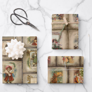 Old World Rustic Vintage Christmas Scenes Wrapping Paper Sheet