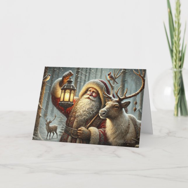 Old World Santa Lantern Elf Reindeer Birds Snow Holiday Card (Front)