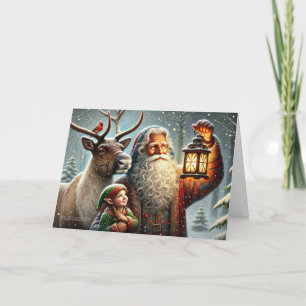 Old World Santa Lantern Elf Reindeer Cardinal Snow Holiday Card