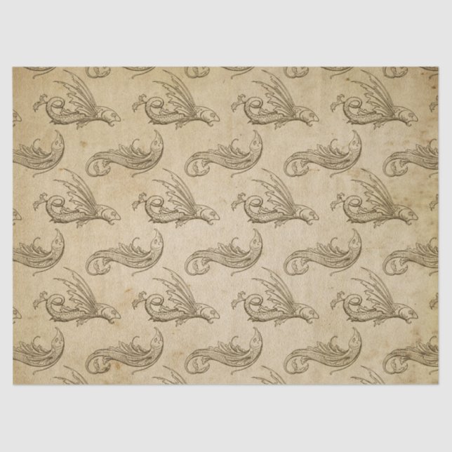 Old World Sea Creatures on Brown Decoupage Tissue Paper (Front)