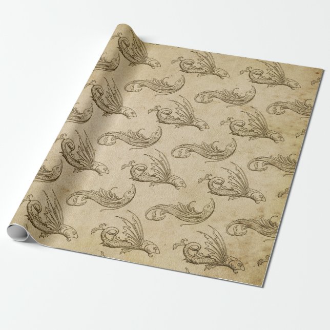 Old World Sea Creatures on Brown Wrapping Paper (Unrolled)