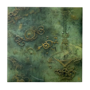 Old World Steampunk Gears Emerald Tile