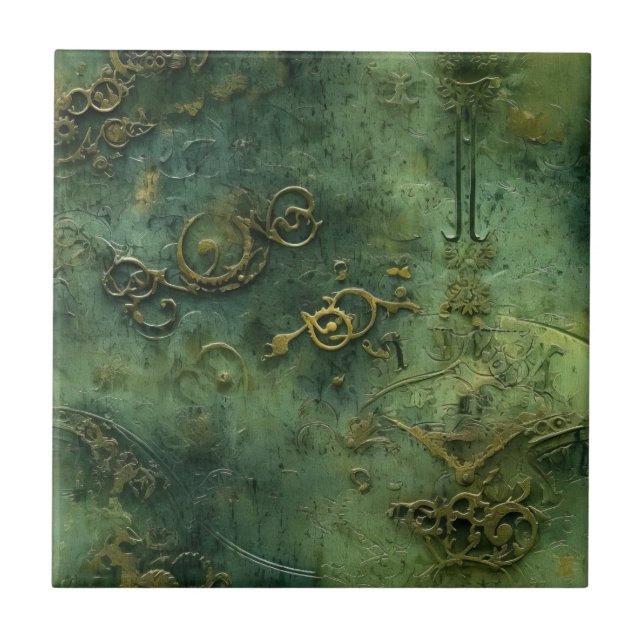 Old World Steampunk Gears Emerald Tile (Front)