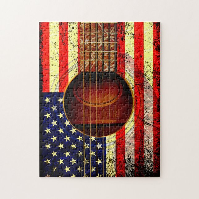 Old Worn Acoustic Guitar /W American Flag Jigsaw Puzzle (Vertical)