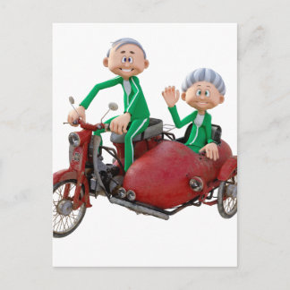 Older Couple on a Moped with Sidecar Postcard