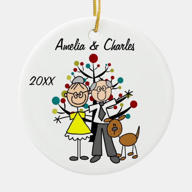 Older Couple with Dog Custom Holiday Ornament (Front)