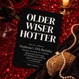 Older Wiser Hotter Black & Ivory Bold Birthday  Invitation