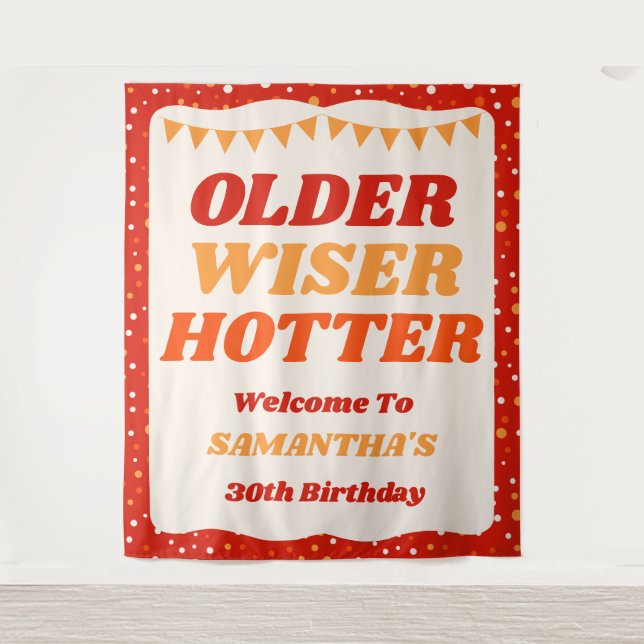 Older Wiser Hotter Retro Red Birthday Backdrop Tapestry (Front)