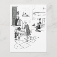 Older woman skips playing hopscotch with kids