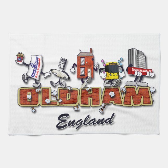 Oldham cartoon characters tea towel (Horizontal)