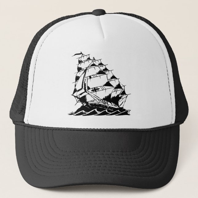 Olds Skool Tattoo Sailing Ship Navy Trucker Hat (Front)