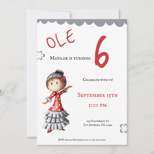 Ole Sevillana Flamenco Dancer Birthday Invitation (Front)