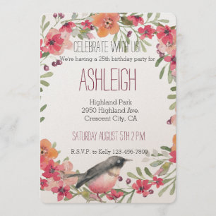 Oleander and Bird Watercolor Floral birthday Invitation