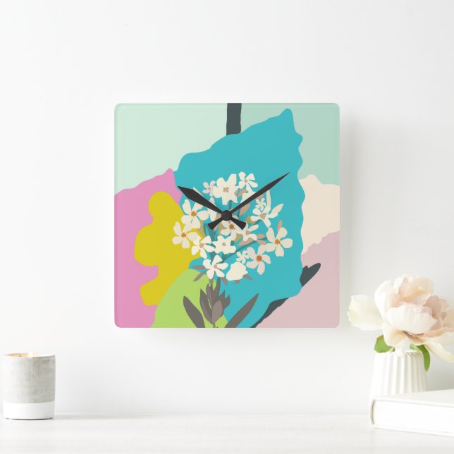 Oleander Floral Colour Blocks Modern Florist  Square Wall Clock (Home)