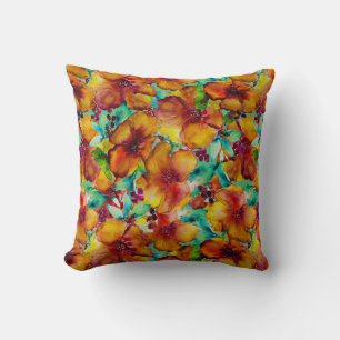 Olina Orange & Green Hibiscus Watercolor Tropical Cushion