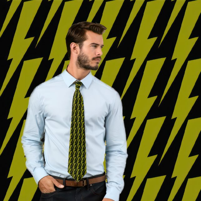 Olive and Black Lightning Bolt Necktie (Man wears a necktie featuring a olive green lightning pattern on black.)