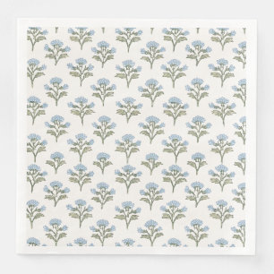 Olive and Blue Floral Sprig, Block Printed Napkin