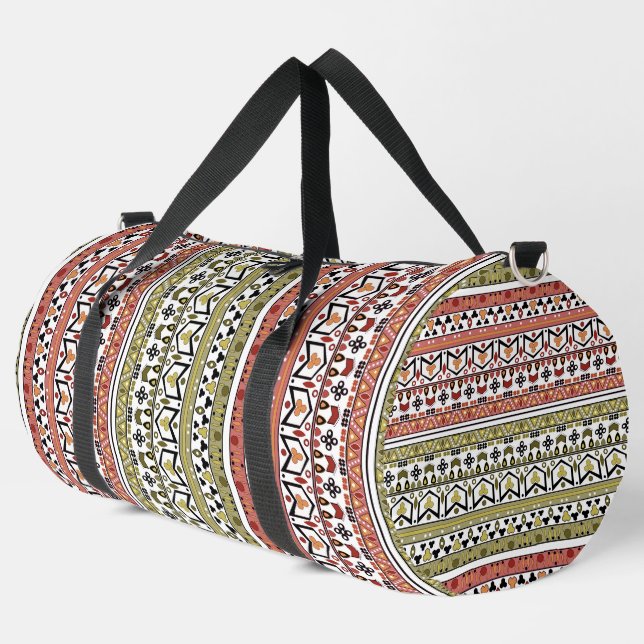 Olive and brown geometric ethnic ornament duffle bag (Left Corner)