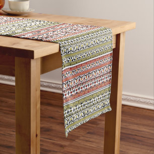 Olive and brown geometric ethnic ornament short table runner