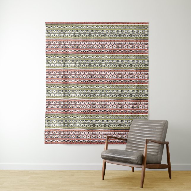 Olive and brown geometric ethnic ornament tapestry (In Situ)