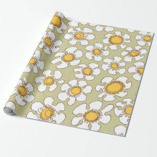 Olive and Gold Single Line Daisies Pattern Wrapping Paper