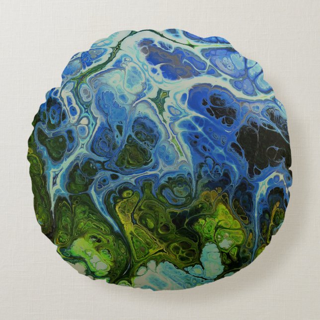 Olive and Ice Blue Faux Marble Round Pillow (Front)