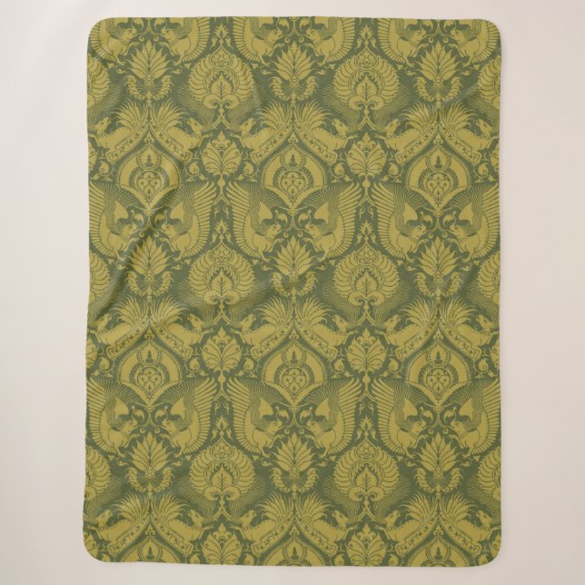 Olive and Mustard Fancy Damask Sherpa Blanket (Front)