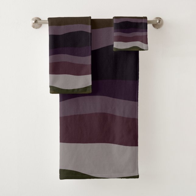 Olive and Purple Wavy Stripes Bath Towel Set (Insitu)