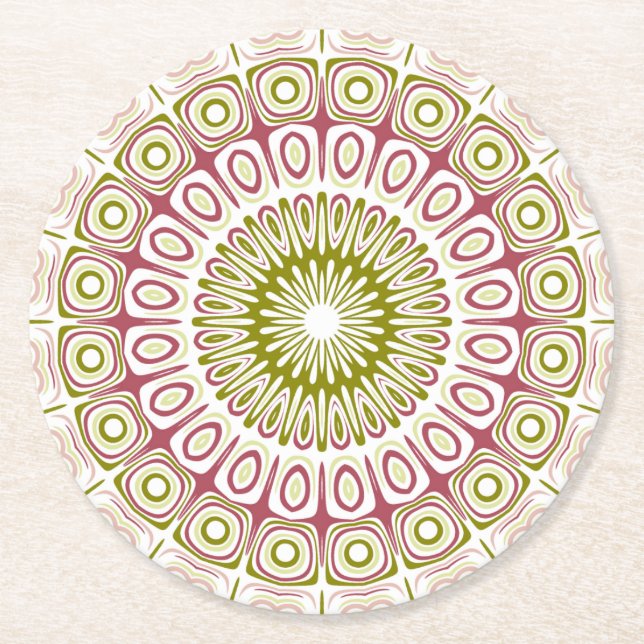 Olive and Rose Mandala Pattern Round Paper Coaster (Front)